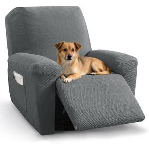 XINEAGE Stretch Recliner Chair Covers 4 Piece Recliner Covers with Storage Pockets Soft and Washable Recliner Slipcover Furniture Protector with Elastic Bottom Fit Pets & Kids (Large, Light Gray)