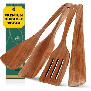 AIUHI Premium Teak Wood Spatula Set, 4-Piece Non-Stick Cooking Utensils for Kitchen, Includes Paddle, Turner, Slotted Spatula & Wood Scraper  Durable & Easy to Clean