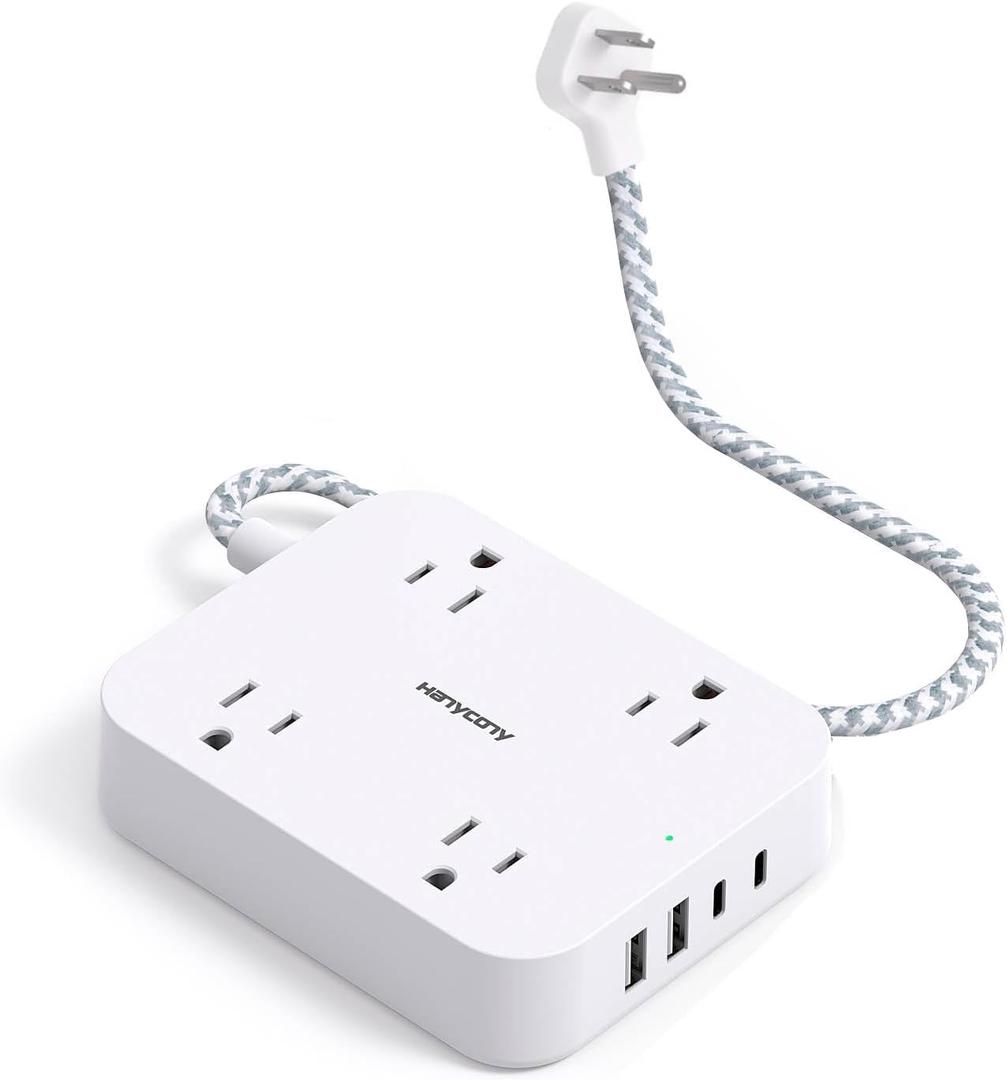 1 Ft Flat Plug Extension Cord, HANYCONY Power Strip with 4 USB Ports(2 USB C), 4 Widely Outlets Extender, Wall Mount, Desk Charging Station for Office, Travel and Cruise Ship Essentials (White)