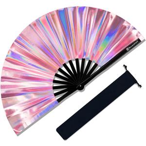 Large Rave Fan, Clack Folding Hand Fan with Premium Fabric, Thick Bamboo Frame for Men Women Gift for EDM, Festival, Club, Party, Dance, Decoration (Holographic Pink, 13")