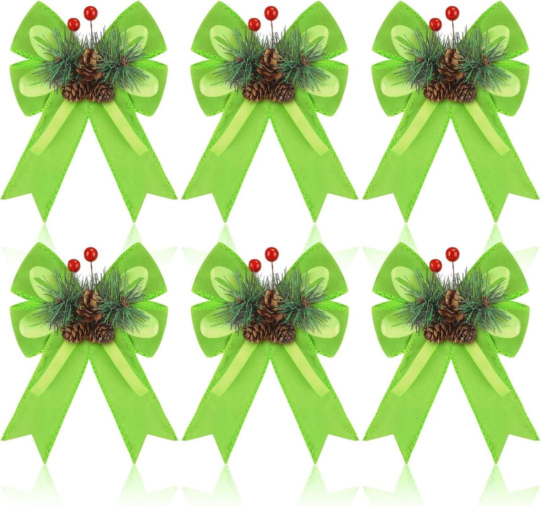 Syhood 6 Pcs Christmas Velvet Bow with Pine Cones Pine Needles Berries Xmas Lime Green Ribbon Bow Ornaments 6.3 x 5.1 Inch for Christmas Tree Wreath Garden Fireplace Crafts DIY Decor