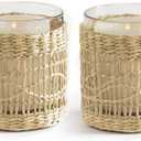Natural Rattan Wicker Woven Votives Candle Holder Tea Light Candle Holders Set of 2 - Handcraft Rustic Boho Bohemian Seagrass Glass Votive Candle Holders for Summer Fall Dining Table Kitchen Dcor