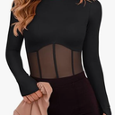 Women's Mesh Bodysuit Long Sleeve Body Suits Sexy Black Large