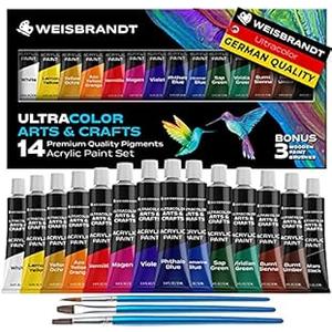 WEISBRANDT Ultra Color Arts & Crafts Acrylic Paints–14 Premium Quality Pigments, Matte Finish, 0.4oz/ 12 ml, Water-Based, for all Porous Surfaces