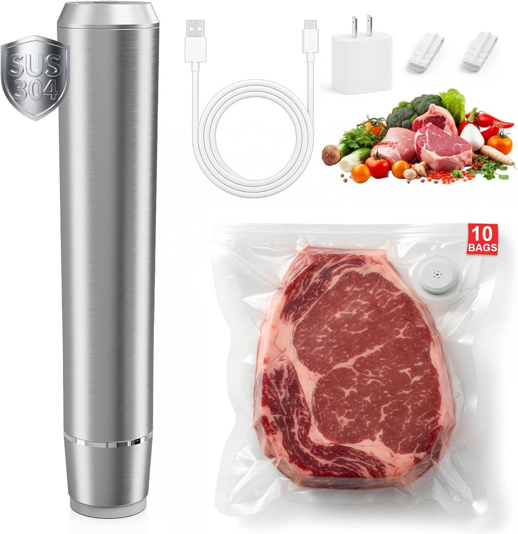 Handheld Vacuum Sealer, 304 Stainless Steel Food Saver Vacuum Sealer Machine with 10 Reusable Bags & Adapter, Cordless Rechargeable Compact Vacuum Sealer for Food, Keep Fresh & Reduce Waste