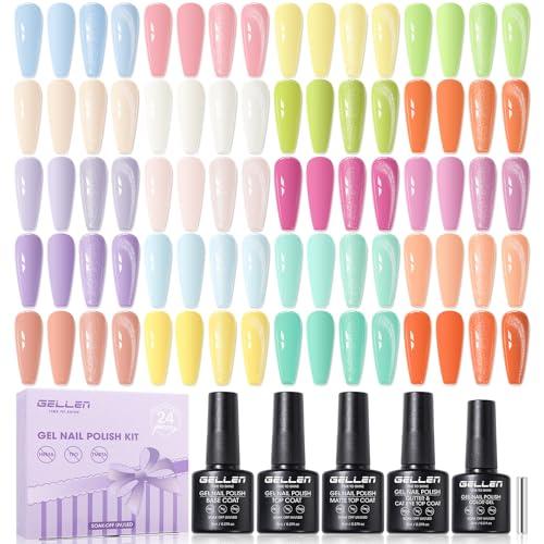 GELLEN Spring Gel Nail Polish Set 24pcs, 20 Colors Pastel Bright Gel Polish Kit with Base Coat, Glitter & Cat Eye Top Coat, Magnet, Nail Art DIY Home Salon