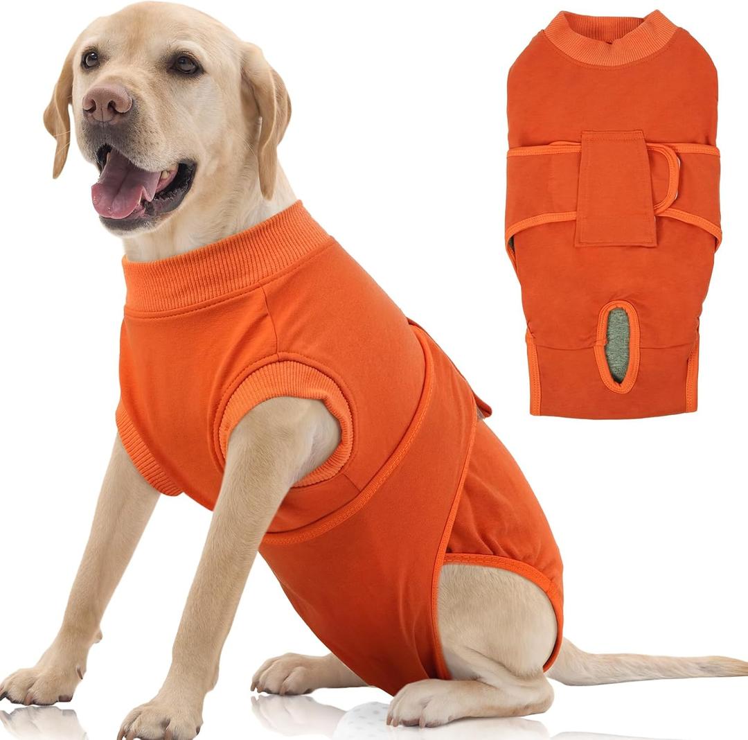 FUAMEY Dog Recovery Suit Male,Dogs Surgery Neuter Suits Puppy Spay Shirts for Female Protect Dog's Skin Anti Licking Abdominal Wounds Doggie Onesie Pet Bodysuit Alternative to Cone Orange XXL (XXL(Back:24.8-29.5in,WT:75+lbs))
