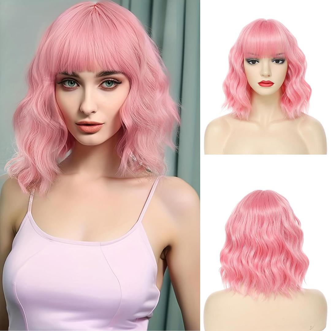 Short Pink Wavy Wigs with Bangs Pink Bob Wig for Women 12 Inch Colored Wig Synthetic Fiber Hair Wigs for Halloween Cosplay Use
