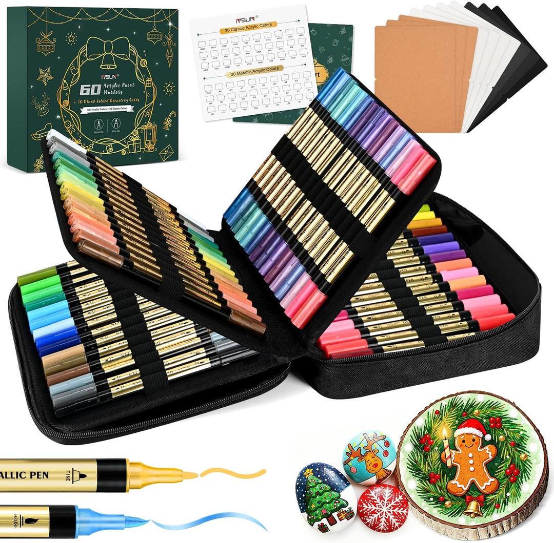 IVSUN Metallic Marker Pens, 30 Metallic & 30 Regular Colors Dual Tip Acrylic Paint Pens for Black Paper, Photo Album, Rock Painting, Wood, Card Making, DIY Crafts, Scrapbook Supplies