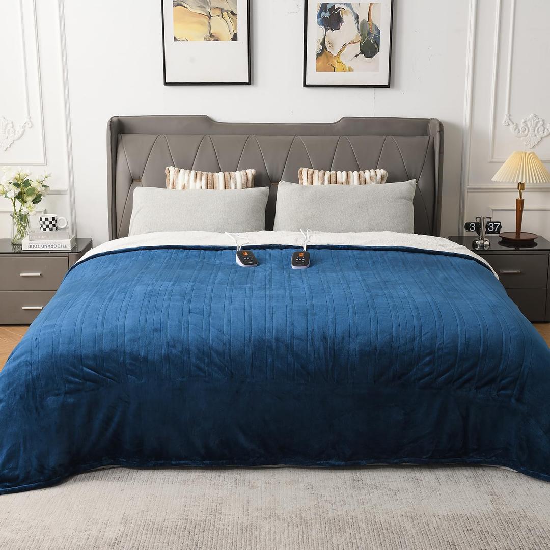 WOOMER Heated Blanket King Size,Durable Flannel and Soft Sherpa,Dual Control,90  100 Electric Blanket, 10 Heat Levels&0.5-12h auto-Off, Overheat Protection,Energy Efficient
