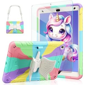 Ambison Case for iPad 9th/8th/7th Generation 10.2 inch with Glass Screen Protector,Rugged Shockproof Protective Cover for Kids Girls Unicorn Stand,Shoulder Strap for iPad 2021/2020/2019-Multipurple