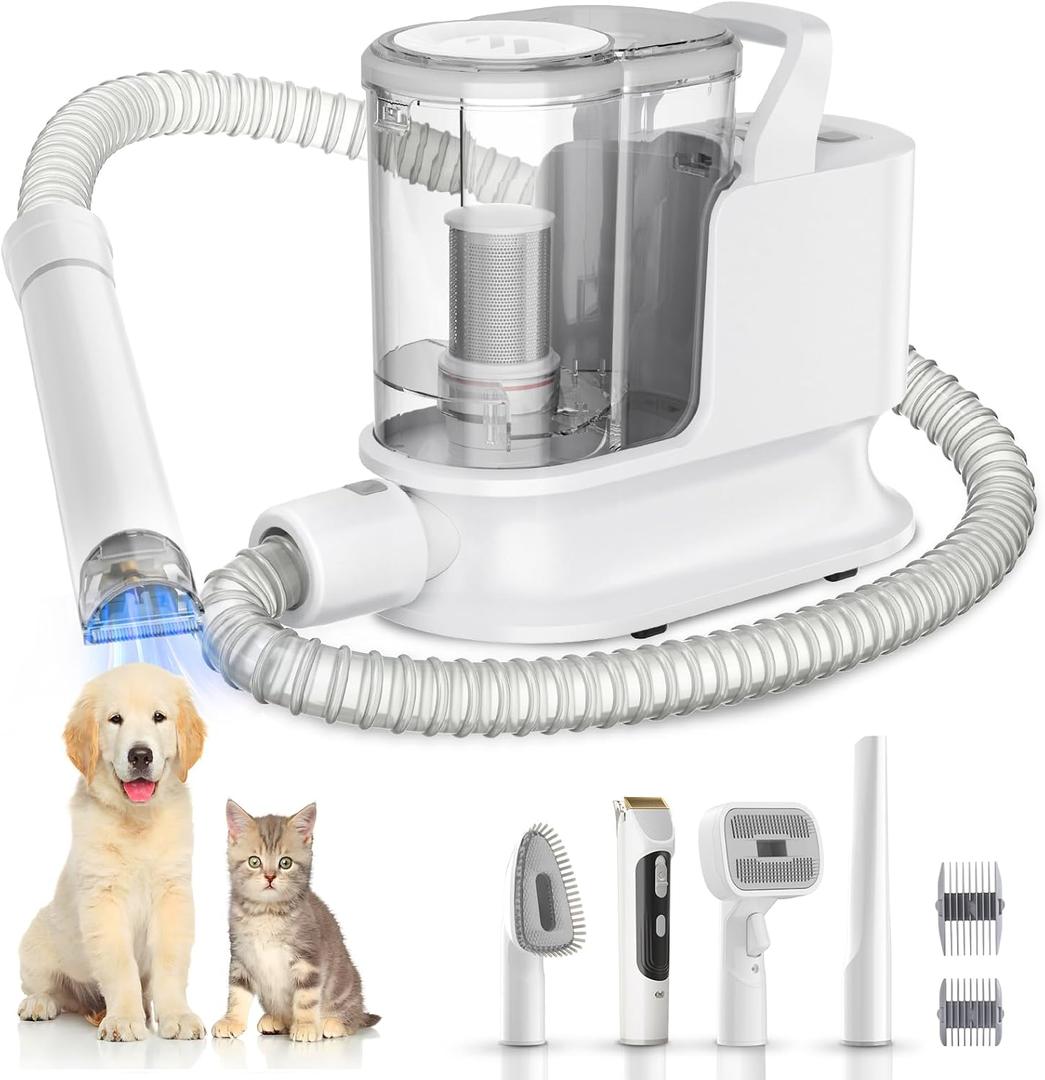 Dog Grooming Kit & Dog Grooming Vacuum, 12Kpa Suction Pet Vacuum Grooming Kit with Low Noise, 3 Suction Mode, 2L Capacity, 5 Pet Grooming Tools for Shedding Cat Hair, Home Cleaning (White)