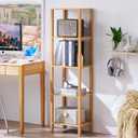5 Tier Tall Narrow Bookshelf, Skinny Bookcase, Wooden Shelf, Natural