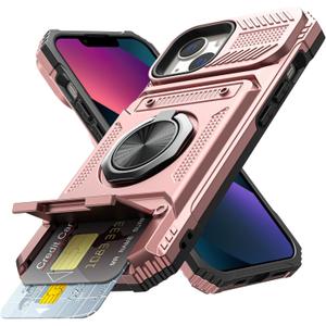 Vofolen for iPhone 13 Wallet Case with Card Holder [Store 2 Cards] + 360 Magnetic Ring Stand Dual Layer Heavy Duty Protective Shockproof Wallet Phone Case Cover for iPhone 13 for Women Men Rose Gold