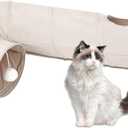 Cat Tunnel, 2-Way Collapsible Cat Tube with Interactive Peek-A-Boo Hole, Toy Ball, and Rope Ideal for Indoor Cats, Kittens, and Rabbits, Beige