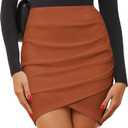 EXLURA Women's Bodycon Ruched Tulip Mini Skirt Elastic High Waist Asymmetrical Short Skirts (Medium, Brown)