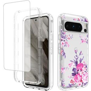 Case for Pixel 8 Pro Case, Google 8 Pro GC3VE with Tempered Glass Screen Protector, Floral Design Shockproof Bumper Full Body Protective Cell Phone Cover for Google Pixel 8 Pro Rose