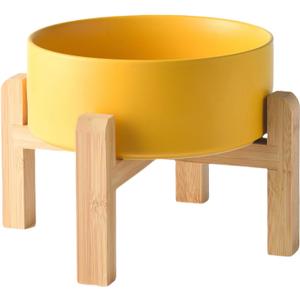 8'' Ceramic Raised Dog Bowl - 70Oz Dog Food & Water Bowl with Elevated Non-Slip Bamboo Stand, Dishwasher & Microwave Safe, Anti Vomiting Heavy Duty Pet Bowl for Medium and Large Dogs, Yellow