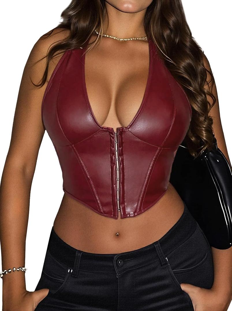 Women's Y2K Leather Halter Top Backless Corset Bustier Top Lace Up Sexy Going Out Crop Tank Halter Neck Party Club (Burgundy) XL