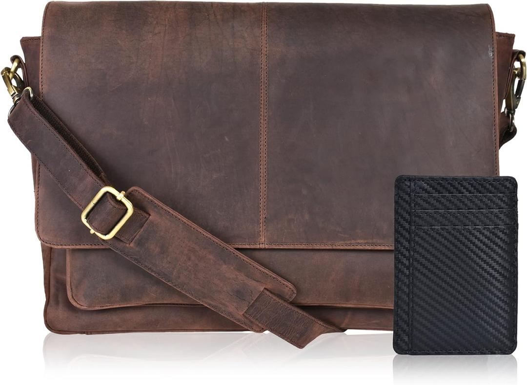 Leather Laptop Messenger Bag for Men and Women - Briefcase Crossbody Office