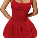 Milumia Women's Square Neck Sleeveless Ruffled Bubble Mini Tank Dress (S, Red)