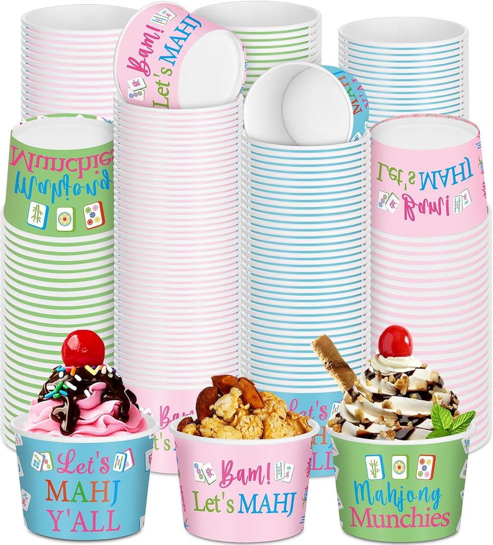 FoldTier 48 Pcs 9 oz Mahjong Treat Snack Cups Bulk Ice Cream Bowl Cute Cups Disposable Party Favors Paper Bowls for Birthday Iced Food Soup Sundae Snack Dessert Beverage(Classic)