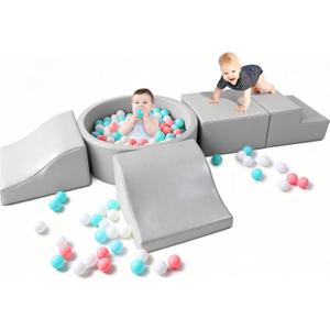 Hoohtoot Foam Climbing Blocks for Toddler: with 4-Piece PU Leather Climbing Toys and a Ball Pit - Foam Ball Pit for Toddlers - Climbing Toys Indoor for Kids Crawling, Medium, Small