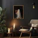 Framed Vintage Halloween Ghost Canvas Wall Art, Cute Ghost Holding Candle Pictures Wall Decor, Spooky Gothic Dark Academia Paintings Prints for Living Room Bedroom Bathroom 16x24 inch