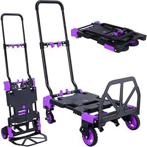 2-in-1 Folding Hand Truck Dolly 330LB Load Carrying, Hand Truck Foldable Dolly with Retractable Handle and 4 Rubber Wheels, Portable Folding Hand Cart for Moving/ Travel/ Office (Purple)