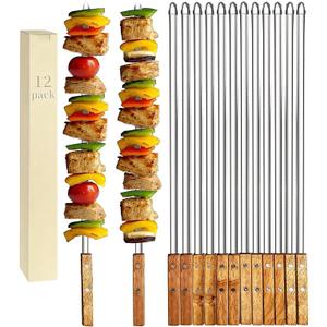 12 Pack Kebab Skewers 23.5 Inch Long Flat Stainless Steel Grilling BBQ Skewer Reusable Barbecue Skewers with Wood Handle,Ideal for Koubideh Persian Brazilian Chicken Shrimp Turkish Shish Kabob