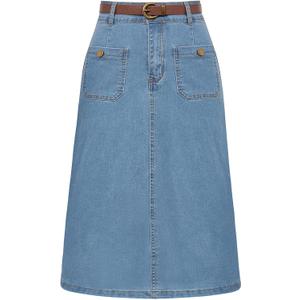 Belle Poque Denim Skirt with Belt Below Knee Length High Waisted Jean Skirts for Women Large