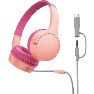 Belkin SoundForm Mini Kids Wired Headphones w/USB C to 3.5mm Dongle, Built-in Mic & Fun Stickers, 85dB Max Volume for Online Learning, Travel, Compatible w/iPhone 16, iPad, Galaxy S25, Pink