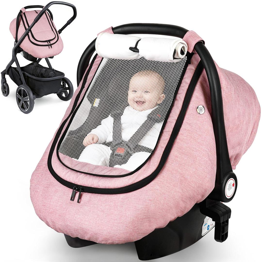 Rquite Car Seat Cover Baby, Winter Carseat Covers Boy Girl, Waterproof Infant Car Seat Cover Warm Car Seat Canopy for Cold Weather, Windproof Baby Carrier/Stroller Cover with 2 Layers Windows, Pink