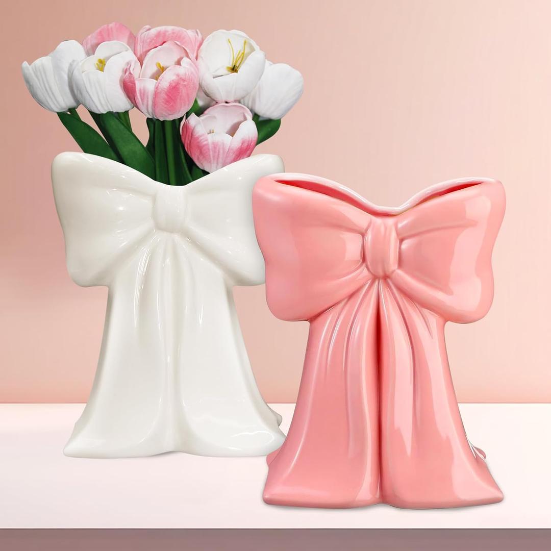 2Pcs Coquette Pink Ceramic Bow Vases for Home Living Decor | Bow Vases for Centerpieces Pink White Vase Makeup Brush Pen Holder for Home Office Table Wedding Living Room Boho Decor