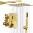 Gold Shower System, 10'' Square Rainfall Shower Head with Handheld Combo Spray, Bathroom Brushed Gold Shower Faucet Set with Valve, 59'' Shower Hose, Shower Trim Kit and Diverter, Wall Mounted