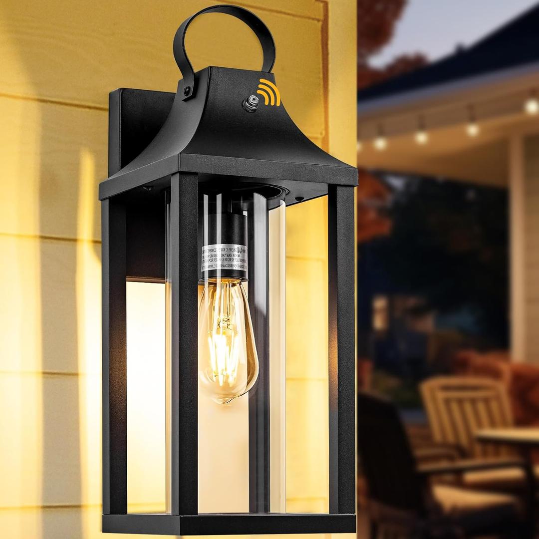 Dusk to Dawn Outdoor Lighting for House 17 Inch, Black Porch Light Cylindrical Glass IP65 Waterproof Large Outdoor Light Fixture Farmhouse Sconces Wall Lighting Exterior Lanterns for Patio (With Sensor)
