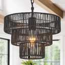 Hand-Woven Rattan Pendant Light Fixture Vintage 12.6" Farmhouse Boho Bamboo Pendant Lighting Small Retro Drum Wicker Rattan Black Pendant Light for Kitchen Island, Bedroom, Dining Room