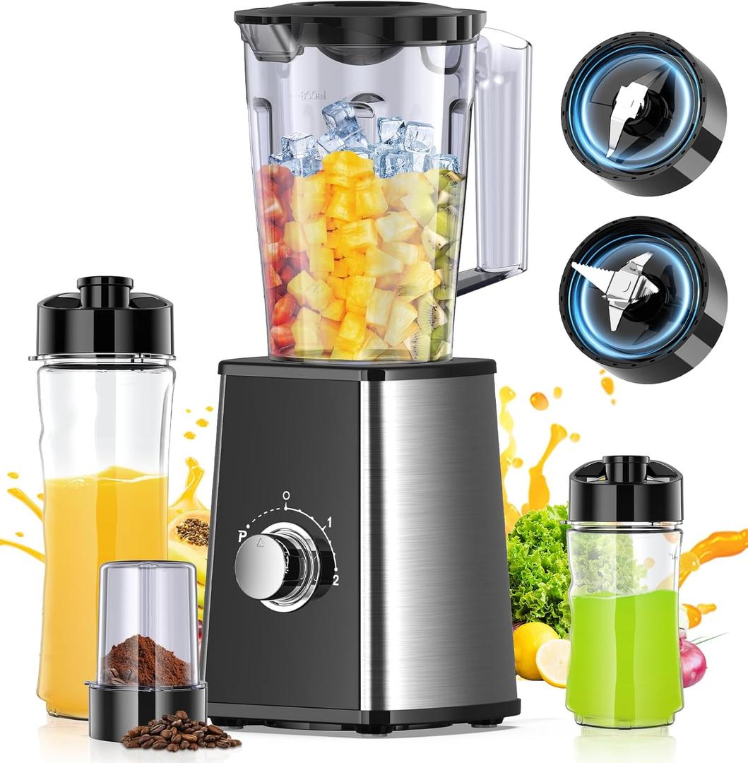 Blenders for Smoothies, Smoothie Blender, Personal Smoothies and Shakes Maker, with Coffee Grinder and 2 To-Go Cups, Countertop Blender for Kitchen, BPA Free (Silver)