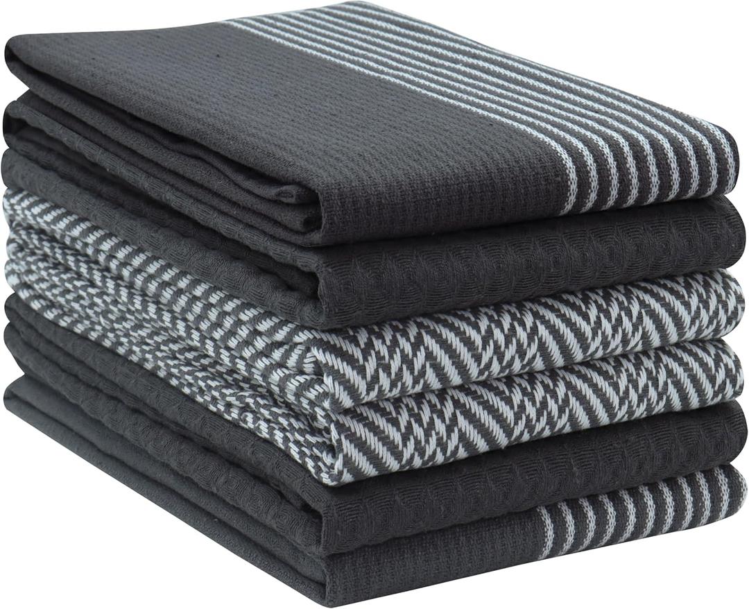 PurpleEssences 6-Pack Kitchen Towels 15x25 Inch, 100% Cotton Waffle Weave - Absorbent, Reusable Dish & Hand Towels with Hanging Loop for Home & Bar Use Christmas Holiday Winter - Assorted - Dark Gray