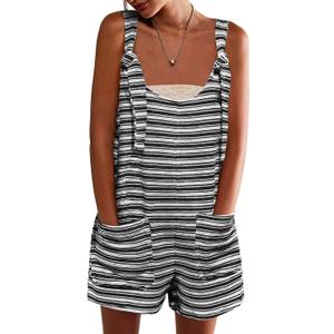 Yousify Womens Fall Casual Sleeveless Romper Loose Striped Tied Shorts Overalls Jumpsuit with Pockets 2025 Clothes (Large, Black)