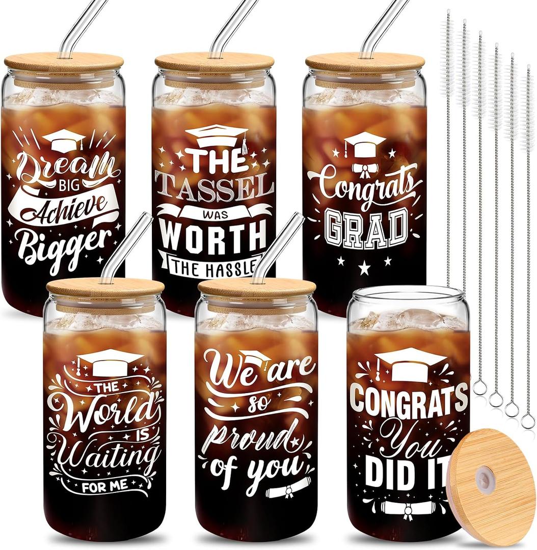6 Set Graduation Gifts for Her Him Graduation Drinking Glass Cups the Tassel Was Worth the Hassle 16 oz Glass Cup with Lid Straw for Women Men College High School Master Degree (White)