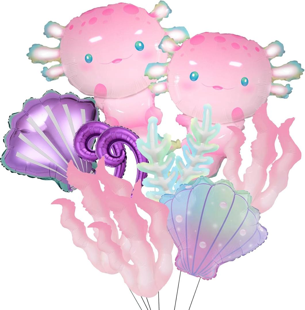 11Pcs Pink Axolotl Balloons,Seashell/Coral/Seaweed Balloon For Axolotl Birthday Party Decoration/Under the sea/Mermaid Party Supplies Balloons/Axolotl Baby shower/Pixel Game Axolotl Party