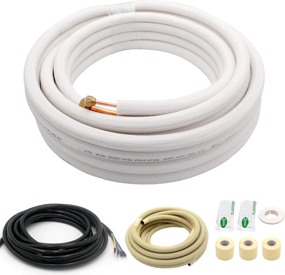 25FT Mini Split Line Set 1/4*1/2 OD HVAC Copper Tube Pipe Extension,3/8 Thickened PE Insulation Coil Air Conditioner Twin Copper Line Heating Equipment Hose with Flared Nuts (25FT (1/4+1/2) with wire)
