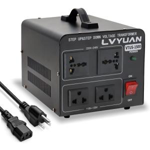 LVYUAN Voltage Converter Transformer 1500 Watt Step Up/Down Convert from 110V-120V to 220V-240Vt and from 220V-240V to 110V-120V with 2 US outlets, 2 Universal outlets, Resettable Circuit Breaker