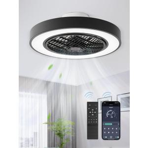LEDIARY 20 Inch Low Profile Ceiling Fans With Lights, Led Bladeless Ceiling Fan, Remote Control Enclosed Flush Mount Ceiling Fan With Timming, 3000-6000K, 6 Wind Speed, 3000LM, 57W-Black