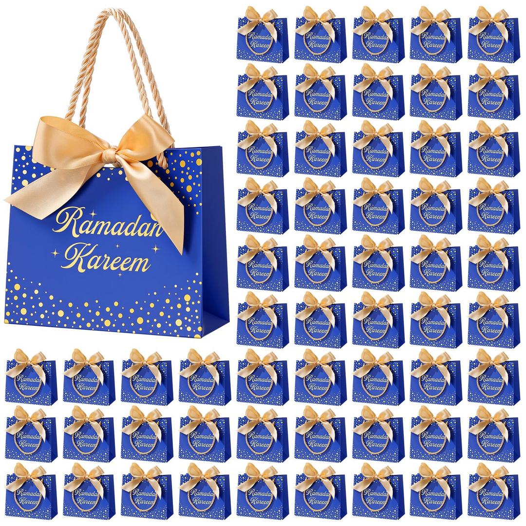 Glenmal 60 Pcs 5.51x2.36x4.72'' Ramadan Gift Bags Ramadan Mubarak Blue Paper Party Bags Eid Mubarak Treat Goodie Bag with Handle and Ribbon for Ramadans Kareem Eid Mubarak's Party Supplies
