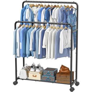 Simple Trending Clothing Clothes Rack Double Rods with Wheels, Rolling Metal Garment Rack for Hanging, Black