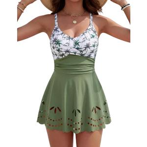 Womens Tankini Swimsuits Tummy Control Bathing Suit Twist Front Cutout Swim Dress with Bikini Bottoms (Green, XL)
