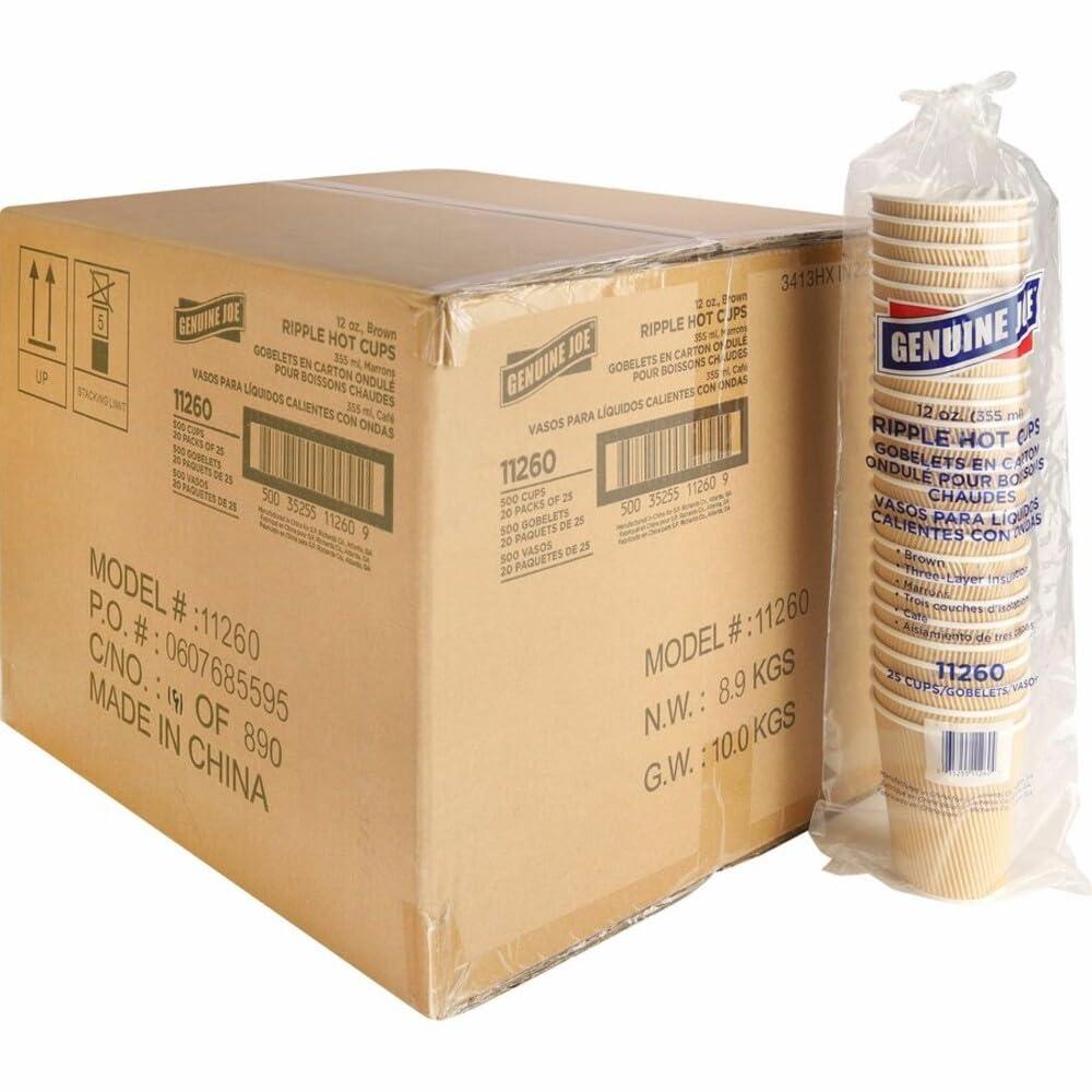 Genuine Joe 12 oz Brown Ripple Hot Cups, 500 cups, 20 packs of 25