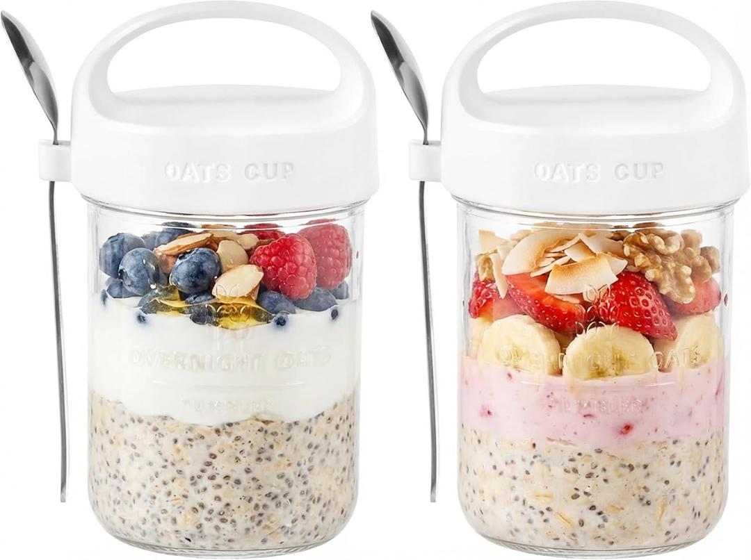 2Pack Overnight Oats Containers with Lids and Handle,14 oz Airtight Oatmeal Container,Mason Jars with Lid for Cereal,Milk,Fruit,Yogurt,On The Go Container,Salad Jars,Glass Jars (White)